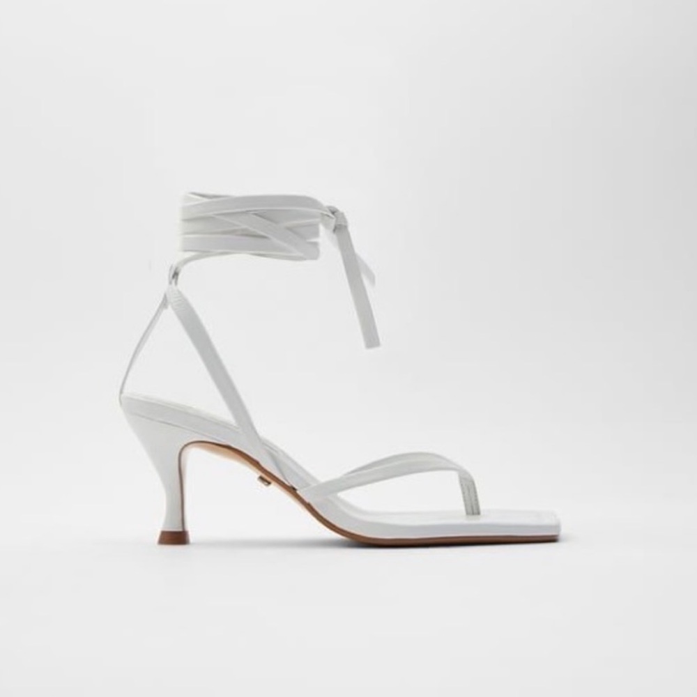 Zara White Heeled Square Toe Strappy Sandal